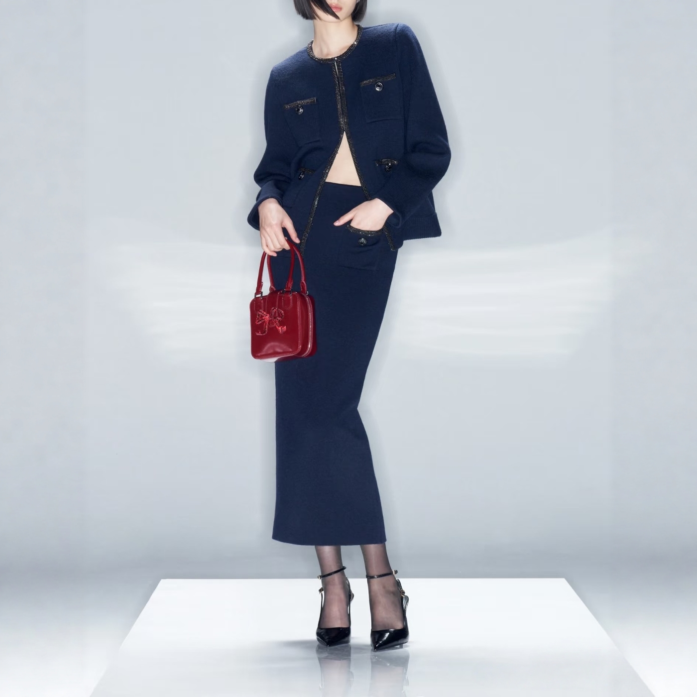秋冬新款 藏蓝色通勤针织套装