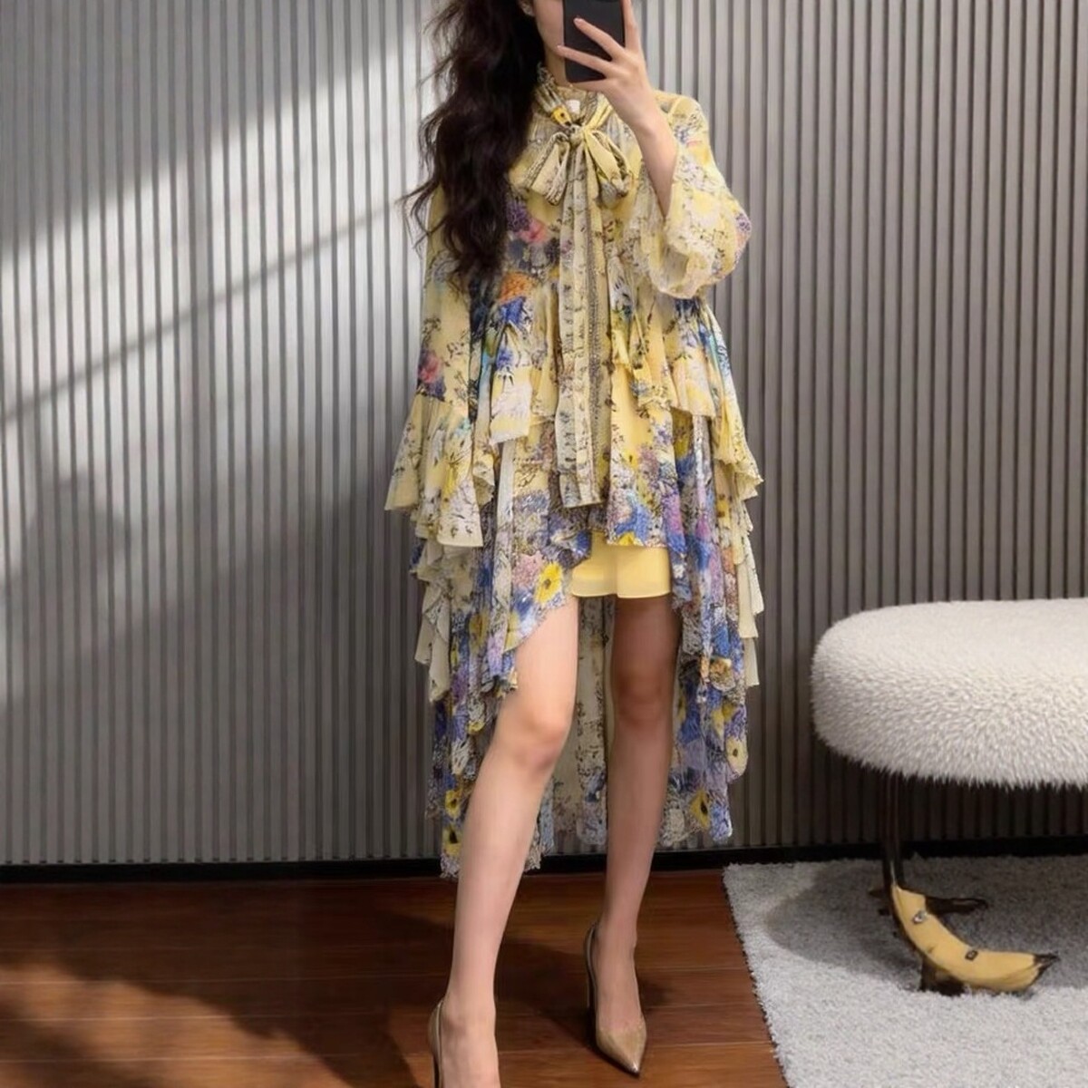 澳洲度假风 蝴蝶结飘带不对称真丝连衣裙