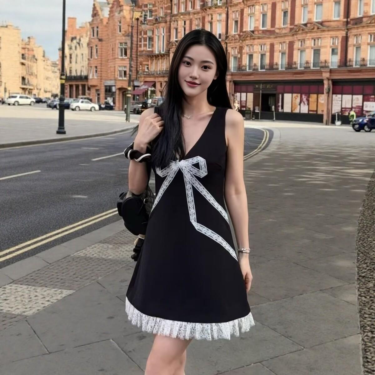 元 黑色蝴蝶结V领背心连衣裙短裙