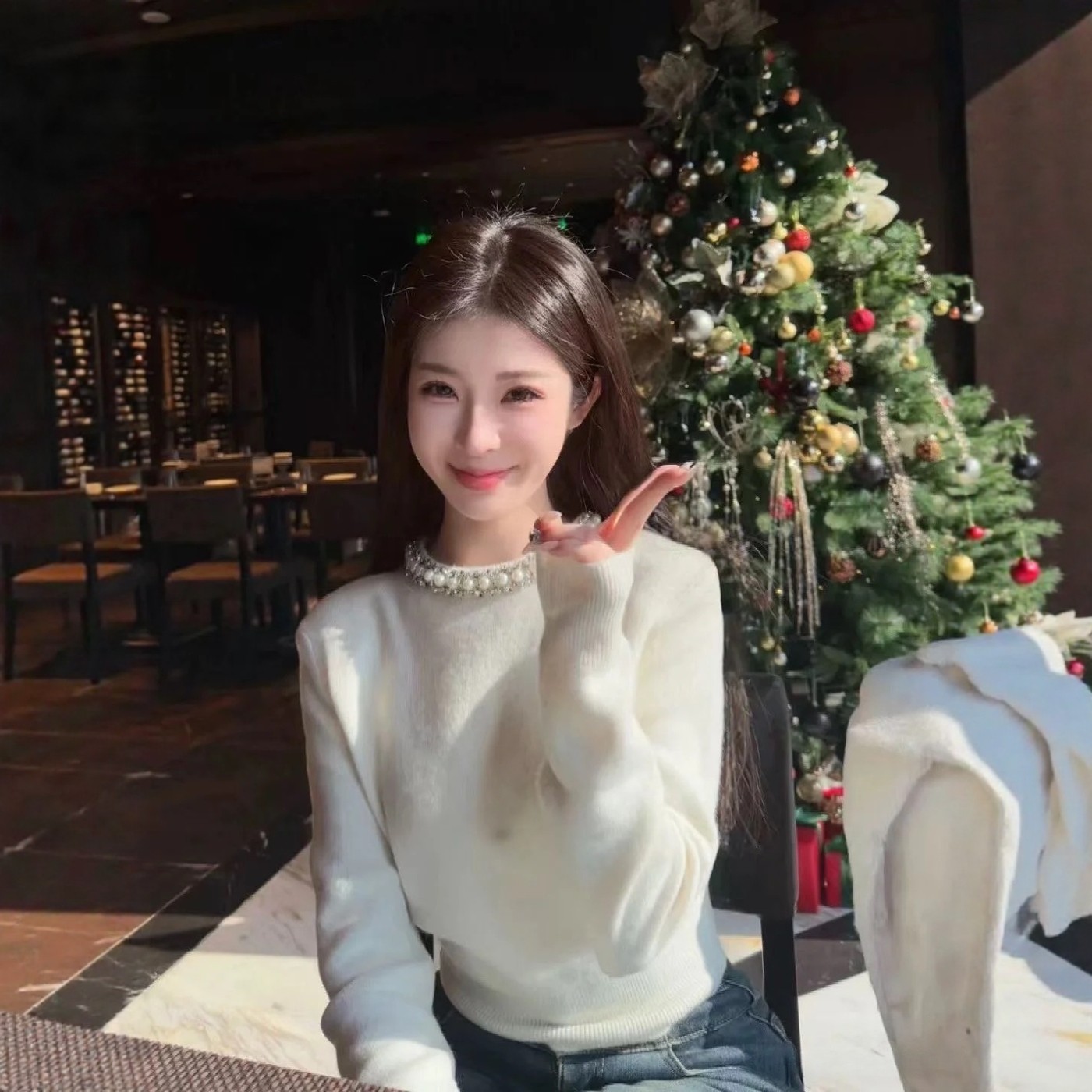 秋冬新款 白色羊毛混纺珍珠镶钻百搭针织外套