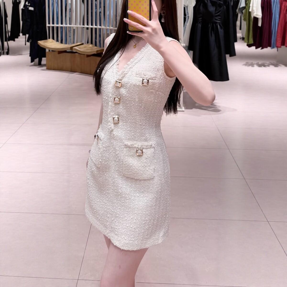 元 白色V领粗花呢小香风连衣裙