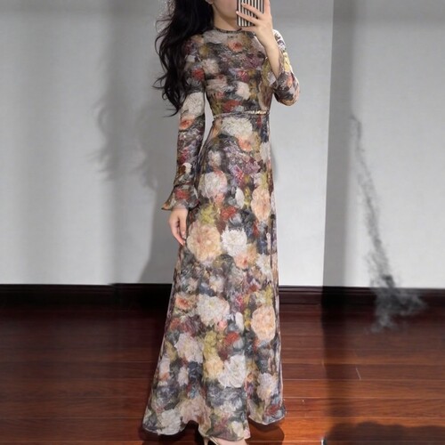 真丝+亚麻 印花束腰长袖连衣裙