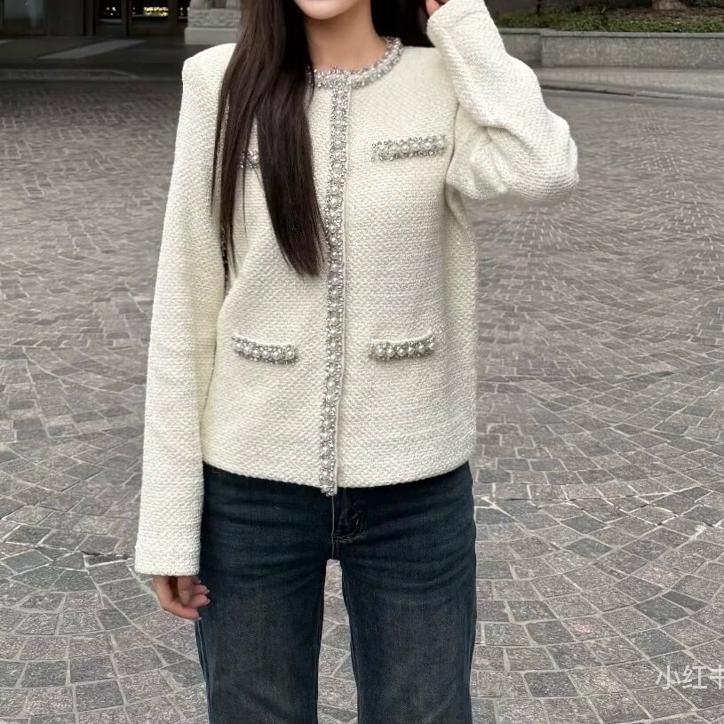 格格家 纯元秋冬新款珍珠钻扣小香风亮片羊毛针织开衫上衣外套