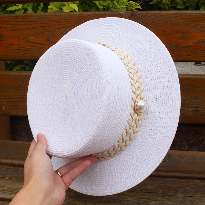 草帽白色平顶优雅珍珠名媛礼帽