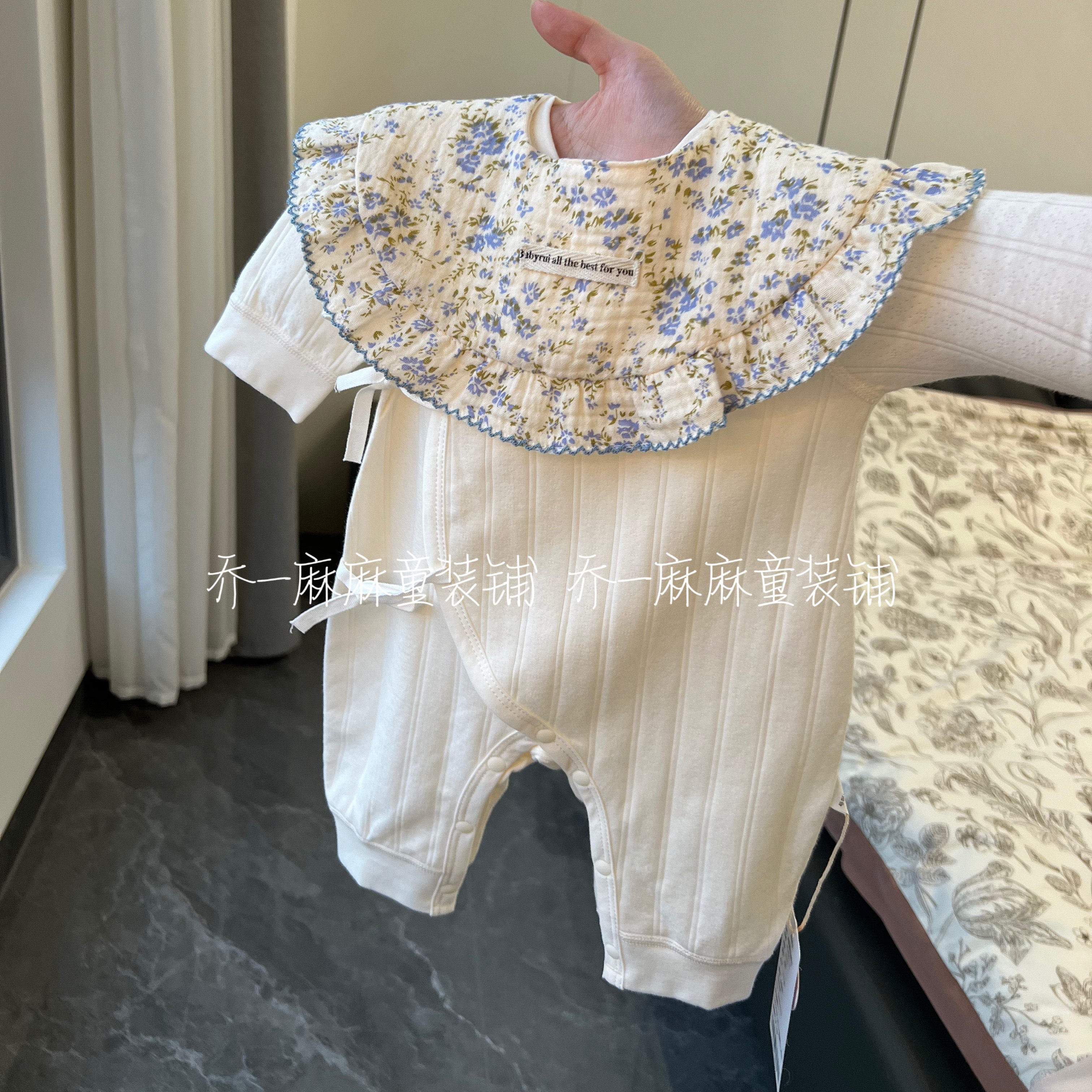 【春打底100棉】新生儿连体衣纯棉a类春秋宝宝哈衣纯色系带睡衣婴