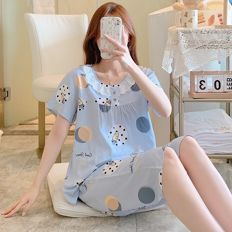 家居服大码可爱花边棉绸女士睡衣