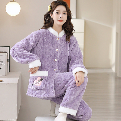 加厚加绒女士法兰绒家居服秋冬季