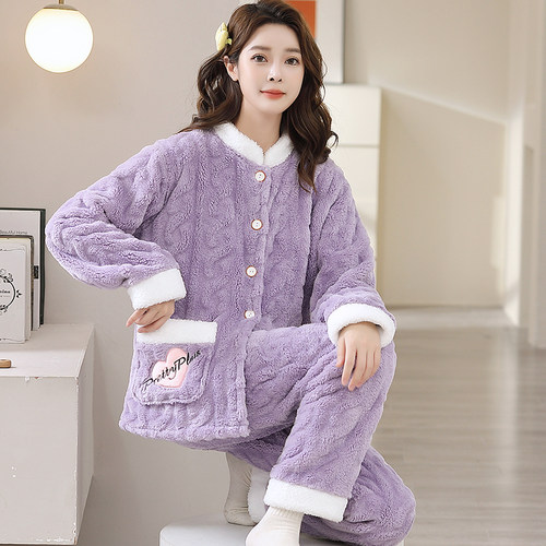 加厚加绒女士法兰绒家居服秋冬季
