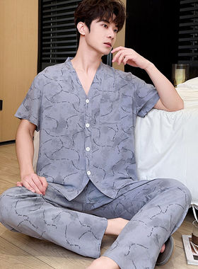 夏季男士棉绸薄款可外穿睡衣套装
