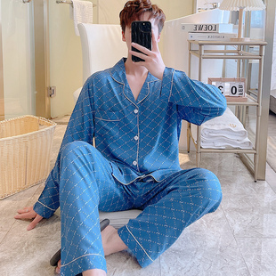 夏季青少年绵绸睡衣套装棉绸空调家居服薄款长袖长裤春季男士套装