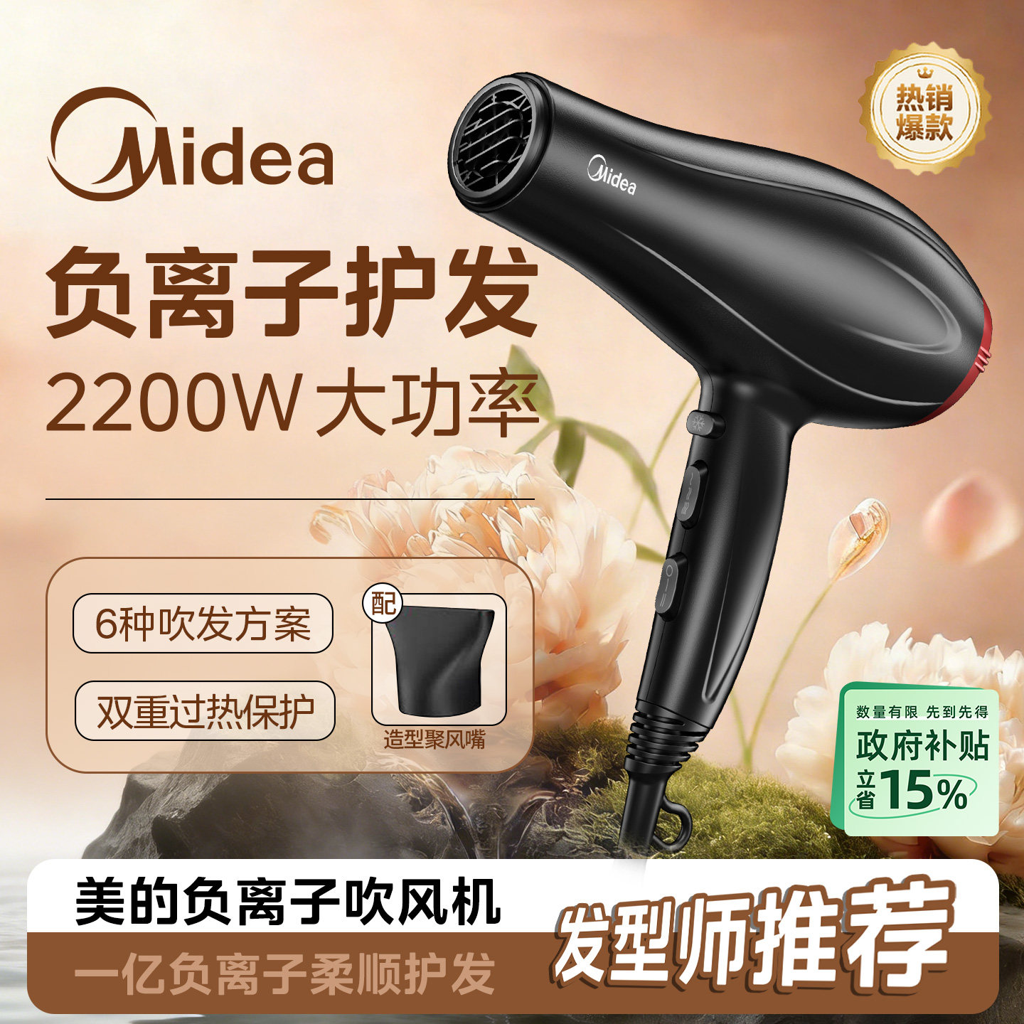 美的吹风机负离子家用大功率护发静音速干理发店专业吹风筒2026款