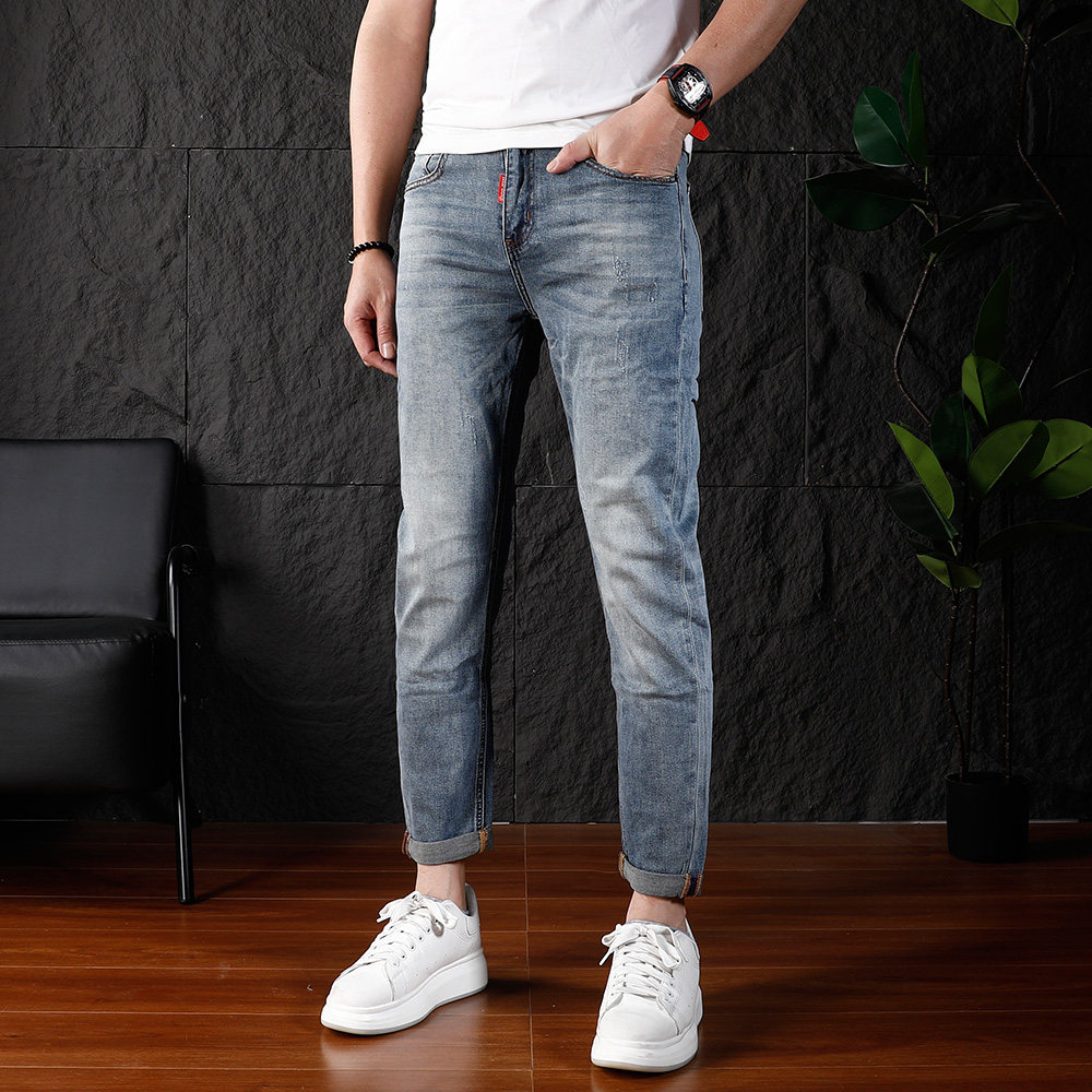男生休闲九分牛仔裤水洗磨白弹力修身小脚夏季薄款裤子2026新款