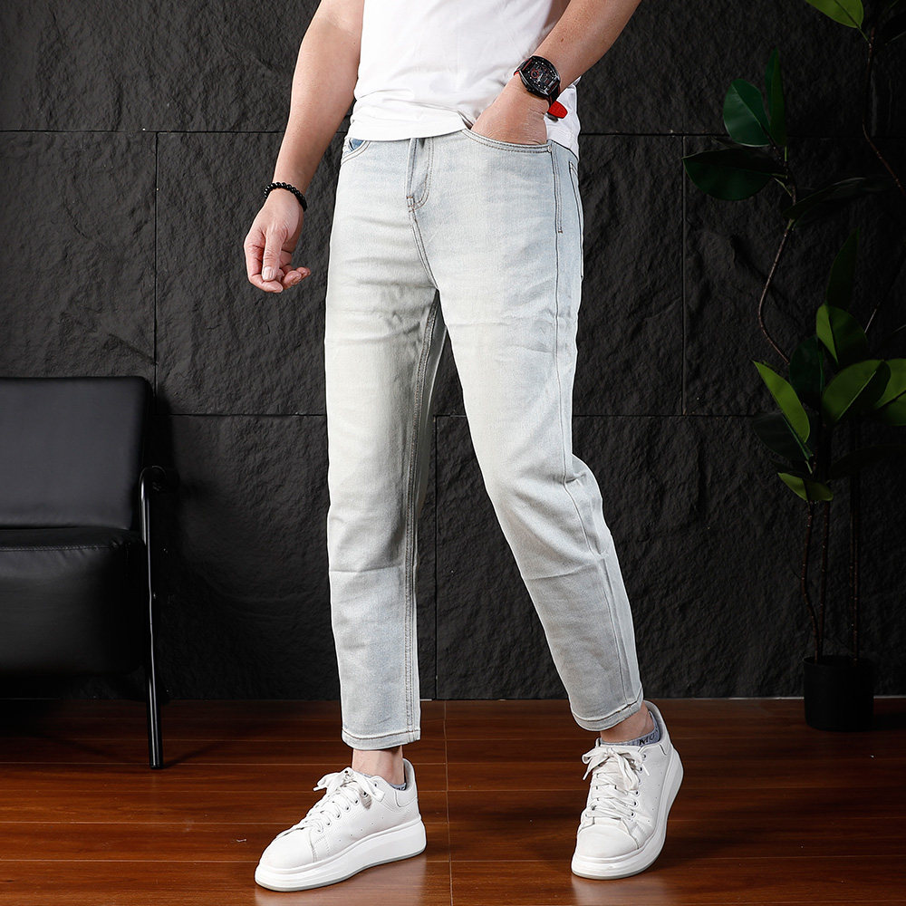 2026夏季浅色水洗做旧九分牛仔裤男潮流百搭休闲修身小脚弹力裤子