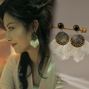 人之初李红月徐百慧同款耳环复古波西米亚度假风白色贝壳耳坠耳钉