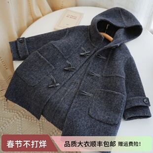 大暖自制100%羊毛双面羊绒手工大衣男童女童秋冬牛角扣连帽外套