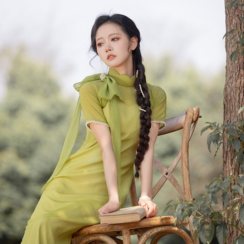 晴山改良花瓣领薄纱旗袍女气质收腰优雅连衣裙如烟2023夏季新