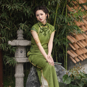 百搭连衣裙 国风复古春季 晴山设计竹叶青双襟二分袖 蛇纹旗袍中式