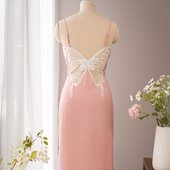 晴山2023春夏新款 打底吊带蝴蝶衬裙开叉花边长款 旗袍内搭自带胸垫