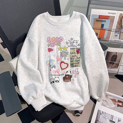 卫衣女宽松圆领长袖套头上衣美式慵懒卡通涂鸦印花简约设计感洋气