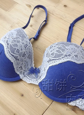 亏清任2件包邮08欧美蕾丝边纯棉薄杯蓝色文胸钢圈大胸胖mm女内衣