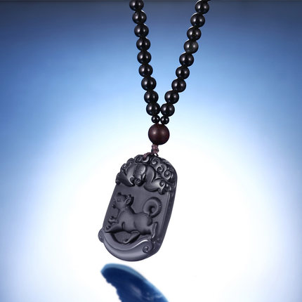 黑曜石男士项链女情侣挂件长款 十二生肖吊坠马牛羊本命年配饰品