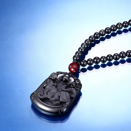 黑曜石男士项链女情侣挂件长款 十二生肖吊坠马牛羊本命年配饰品