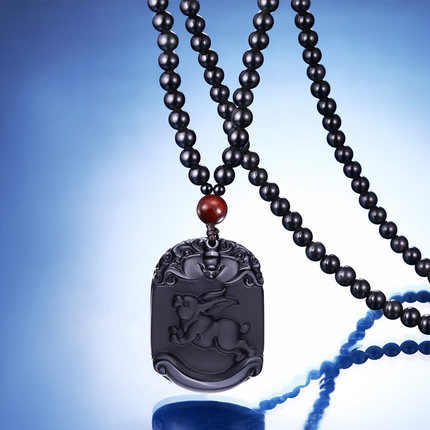 黑曜石男士项链女情侣挂件长款 十二生肖吊坠马牛羊本命年配饰品