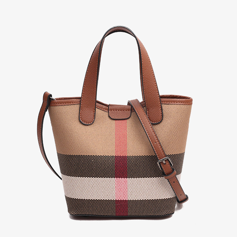 女包真皮帆布格子撞色手提包菜篮子包2025新款时尚单肩斜挎水桶
