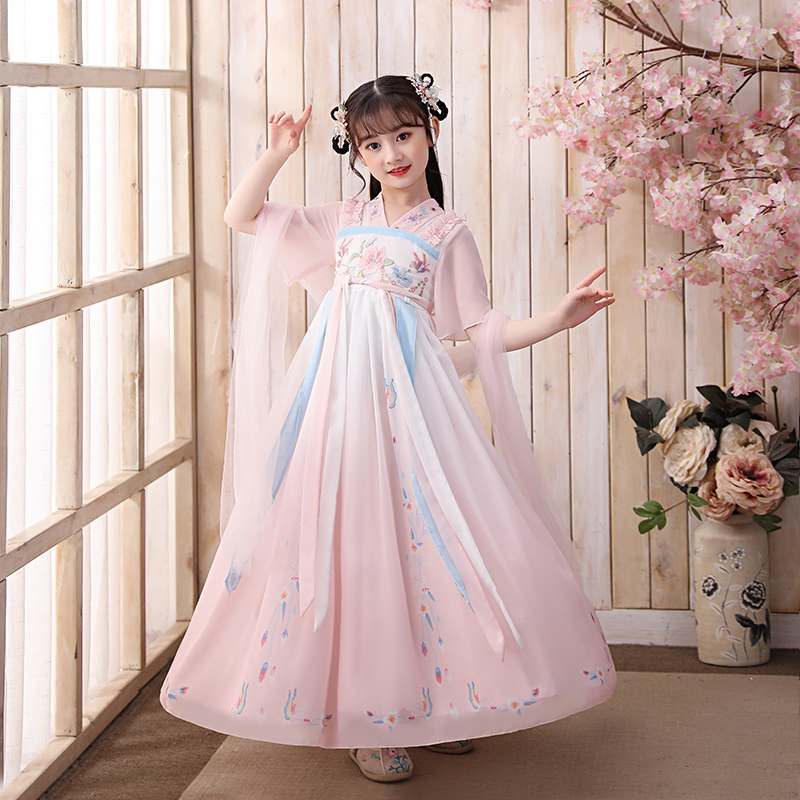 儿童汉服女夏季短袖超仙古装公主女童唐装夏款仙气粉色小学生童装