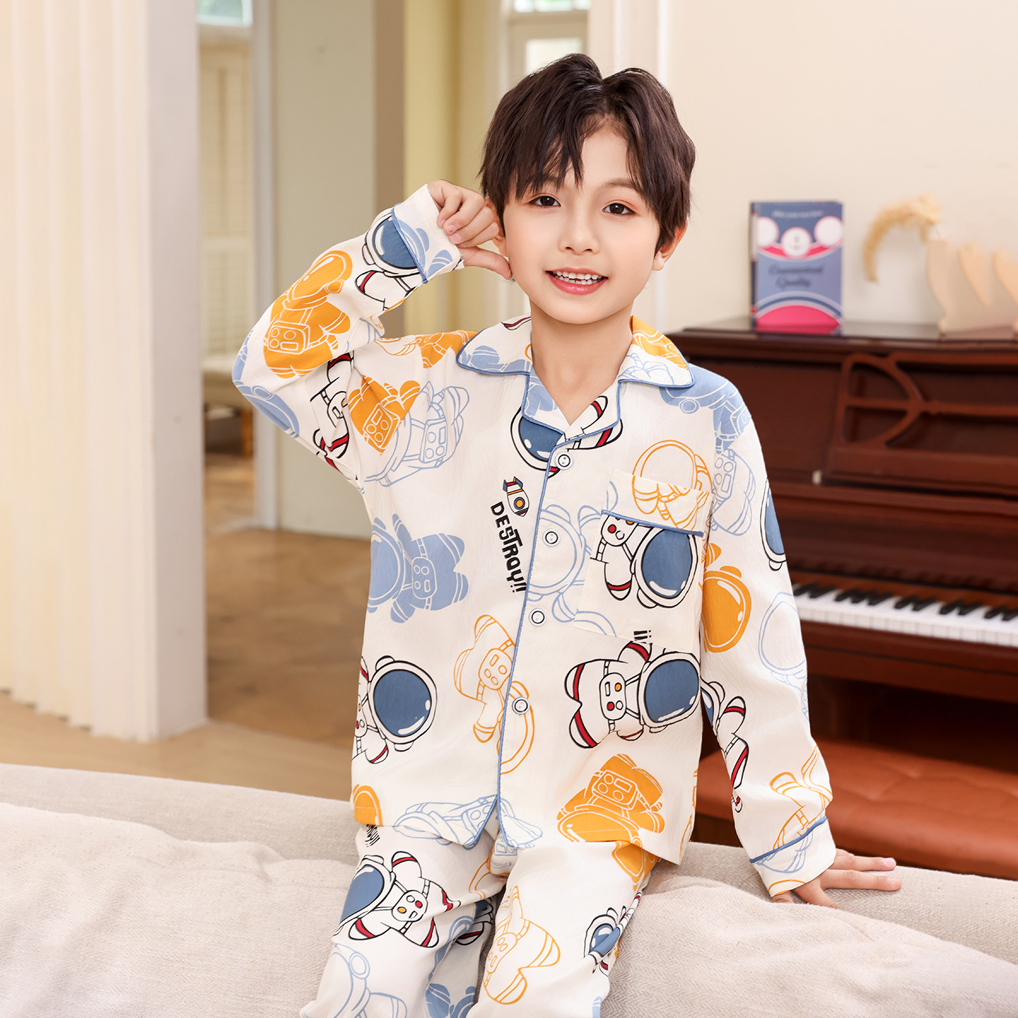 儿童睡衣纯棉男孩春秋款男童全棉家居服长袖云朵棉中大童休闲套装