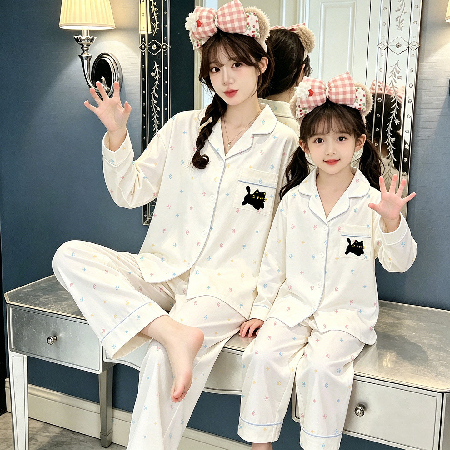 云朵棉纱儿童卡通亲子睡衣母女装纯棉长袖春秋季薄款家居服套装夏