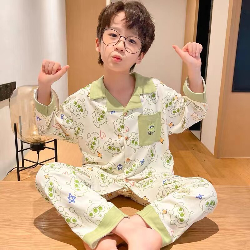 清仓儿童睡衣男童春秋季纯棉男孩长袖青少年开衫中大童家居服套装