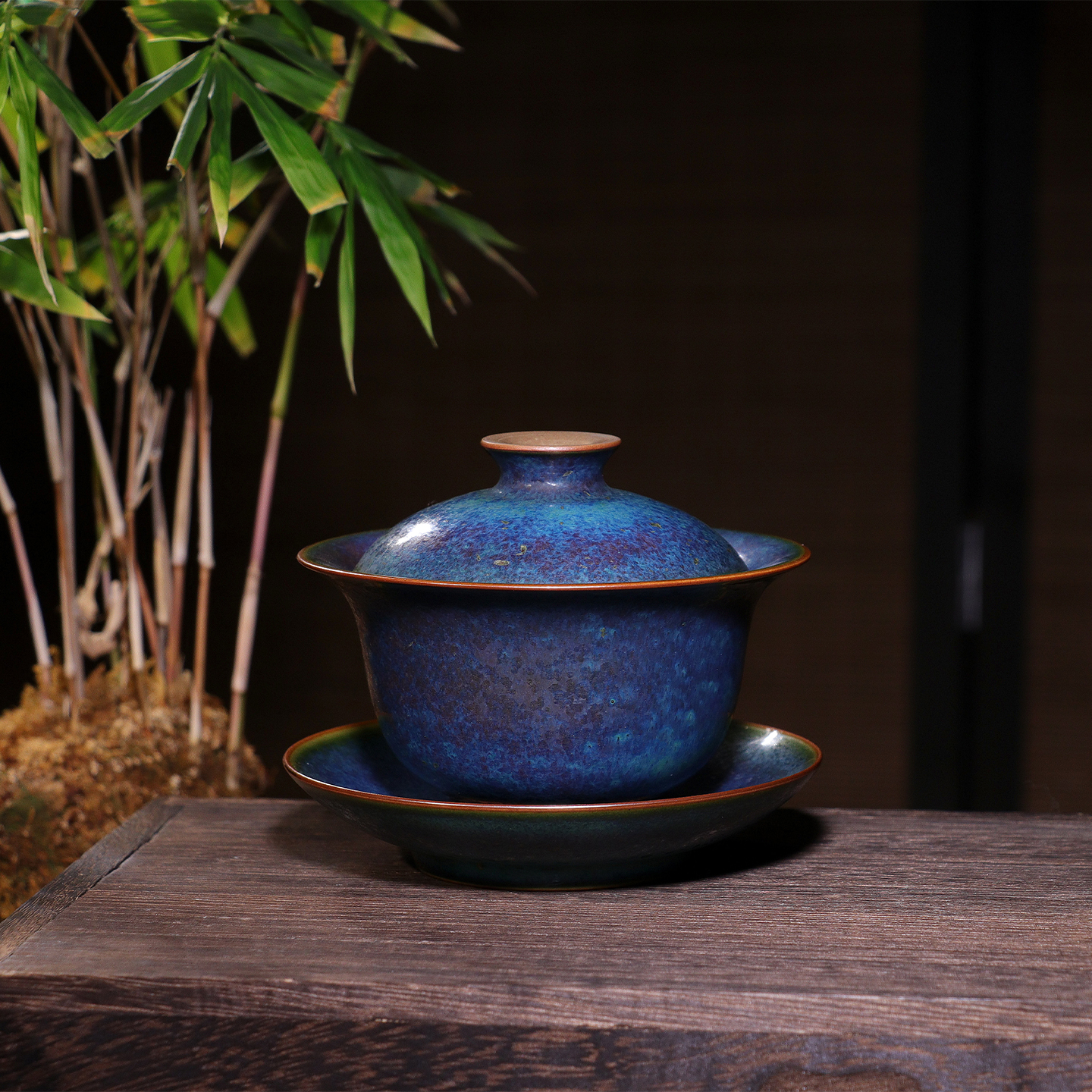 任晓飞炭烧盖碗 钧瓷原矿手工三才盖杯中式复古风陶瓷浪漫孔雀蓝