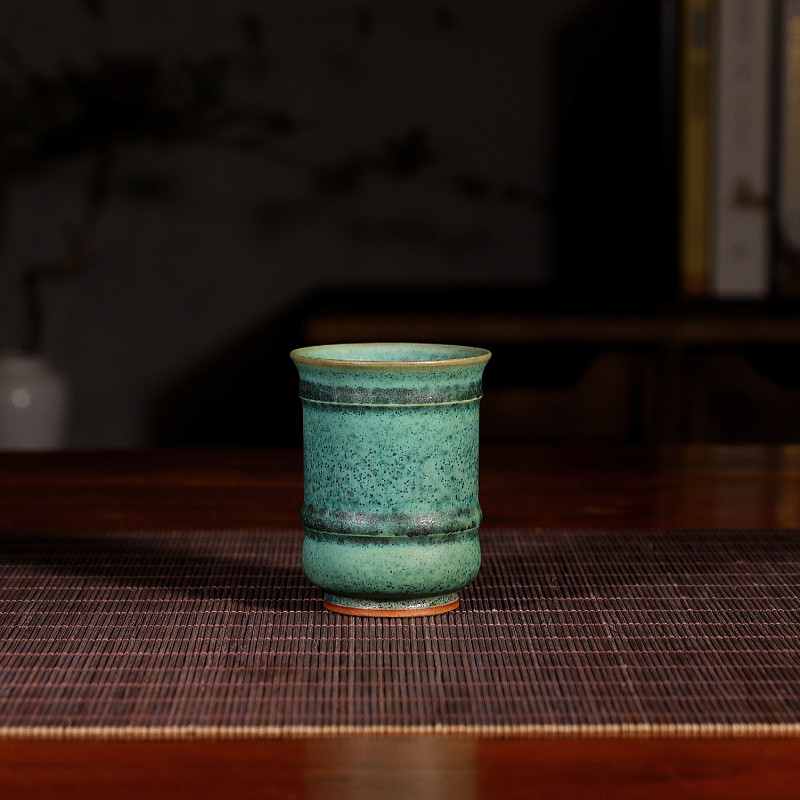 窑变田园绿~李自伟钧瓷炭烧主人杯 手工品茗杯原矿中式茶杯礼盒装