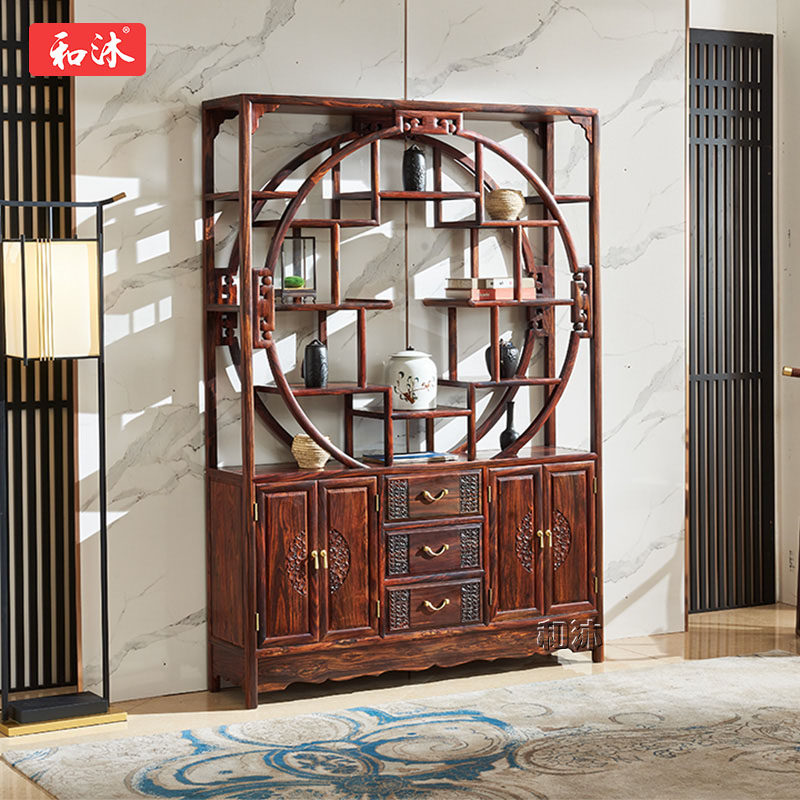 红木中式古董展示柜 雕花圆形博古架 实木家具 收藏品陈列架两米