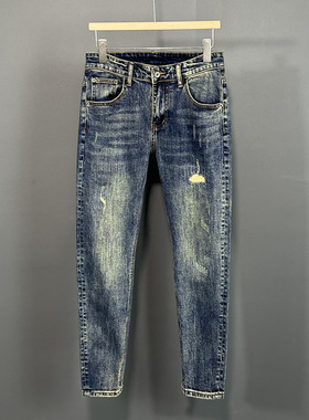 九分牛仔裤男士弹力修身韩版做旧猫须补丁复古做旧蓝色潮流小脚裤