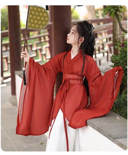 女童战国袍魏晋风红色广袖古装演出服女孩连衣裙成人女装套装表演