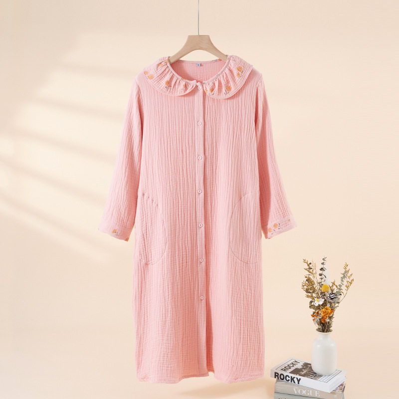 新品四层云感纱布加厚加长花边领开衫纽扣长袖浴袍长裙可穿浴巾