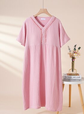 夏季棉绉纱布带胸垫V领睡裙