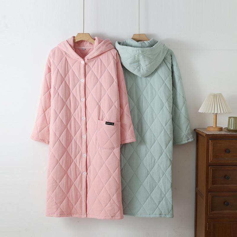 男女同款加厚保暖六层棉纱加棉连帽纽扣长款宽松睡袍长裙家居服,女士内衣/男士内衣/家居服,睡袍/浴袍,淘宝优惠券,粉丝福利购,淘宝优惠卷