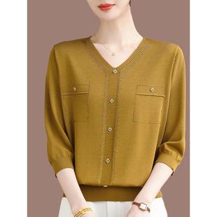 桑蚕丝七分袖针织衫女2025早秋新款洋气V领冰丝T恤妈妈装中袖上衣