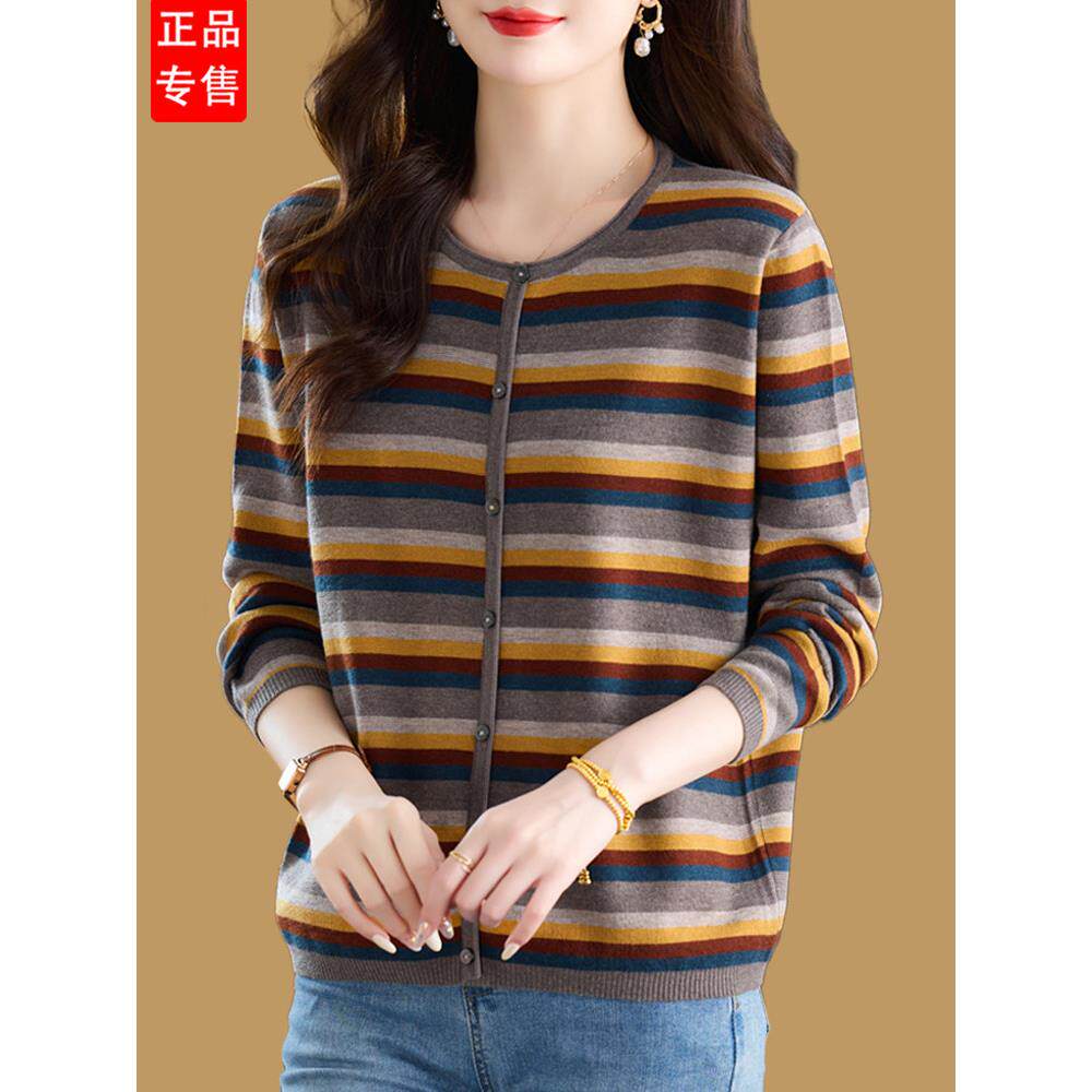 条纹长袖t恤女圆领针织上衣洋气短款套头打底衫春秋季外穿羊毛衫
