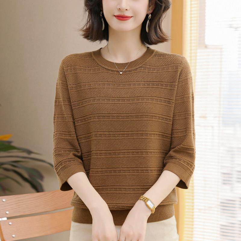 中年妈妈装薄款七分袖上衣女羊毛衫秋季新款宽松加大码打底针织衫