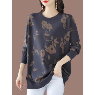 中老年妈妈装大码遮肚羊毛打底衫女春秋季新款圆领薄款中长款毛衣