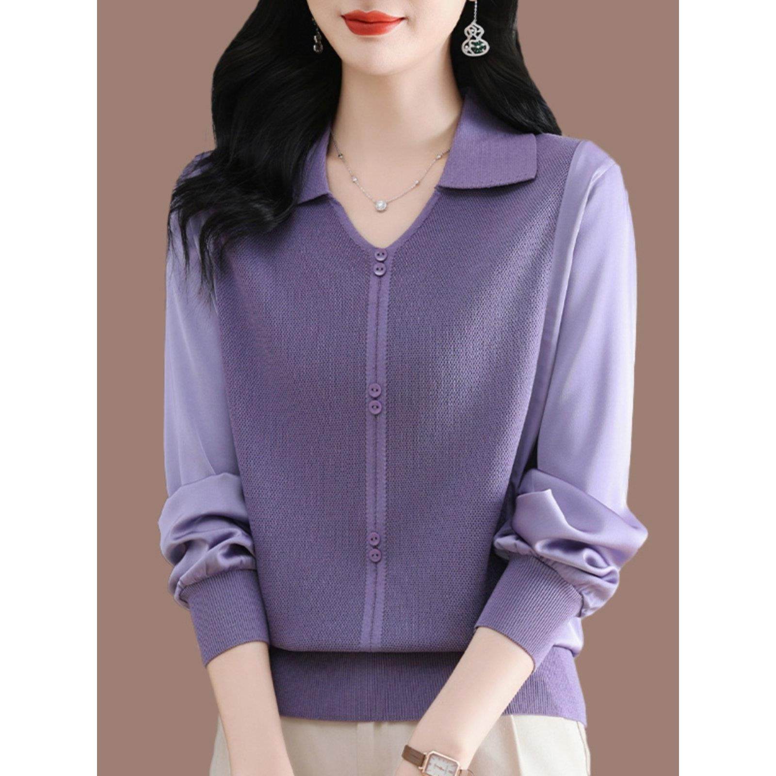 高端桑蚕丝翻领长袖上衣女春秋装新款外穿拼接洋气冰丝针织打底衫