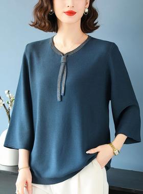 特大号中老年人三分之袖t恤女式上衣春秋季妈妈装宽松露腹休闲丝