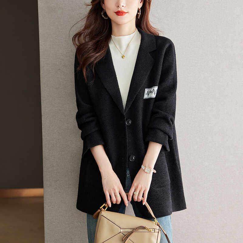 西装外套女2024秋冬新款黑色中长款针织开衫洋气休闲加厚西服上衣