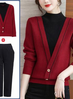 中年妈妈春装套装假两件上衣服女洋气高贵春秋打底衫时尚红色毛衣