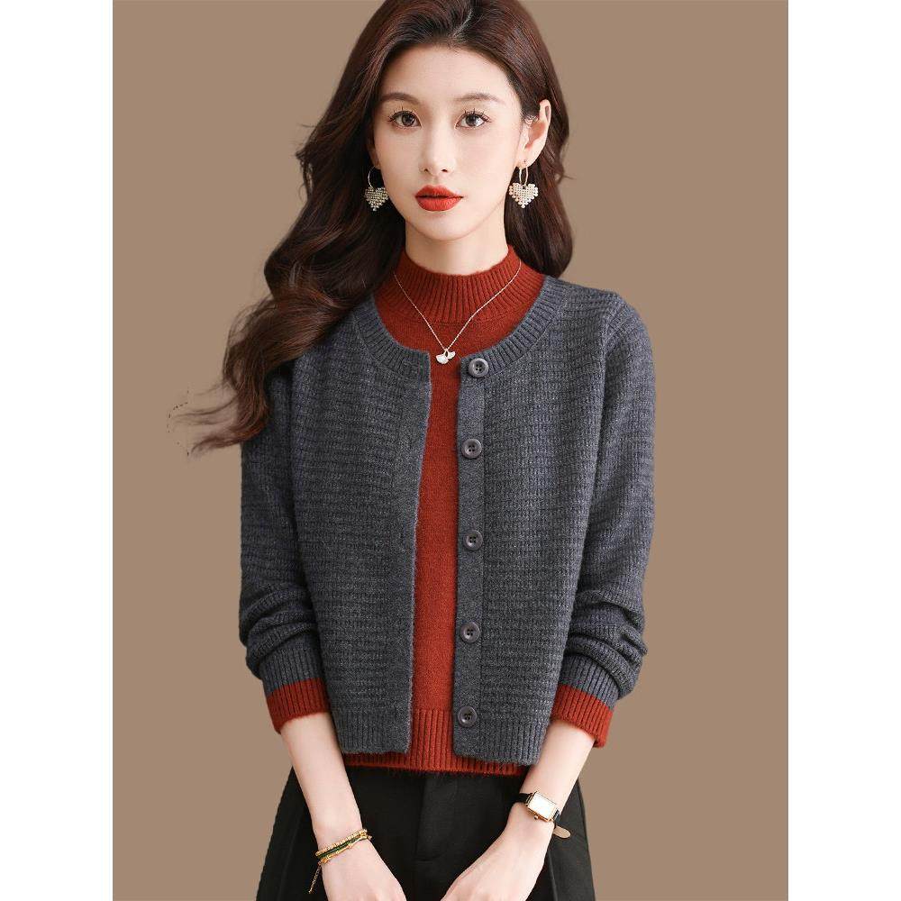 假两件羊毛毛衣女冬季加厚短款外套拼接上衣洋气时尚小个子打底衫