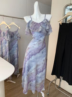 This is a mid-length long dress with a pink French waist-cinched small flying sleeve and lotus leaf collar, featuring a design sense in summer thumbnail 7